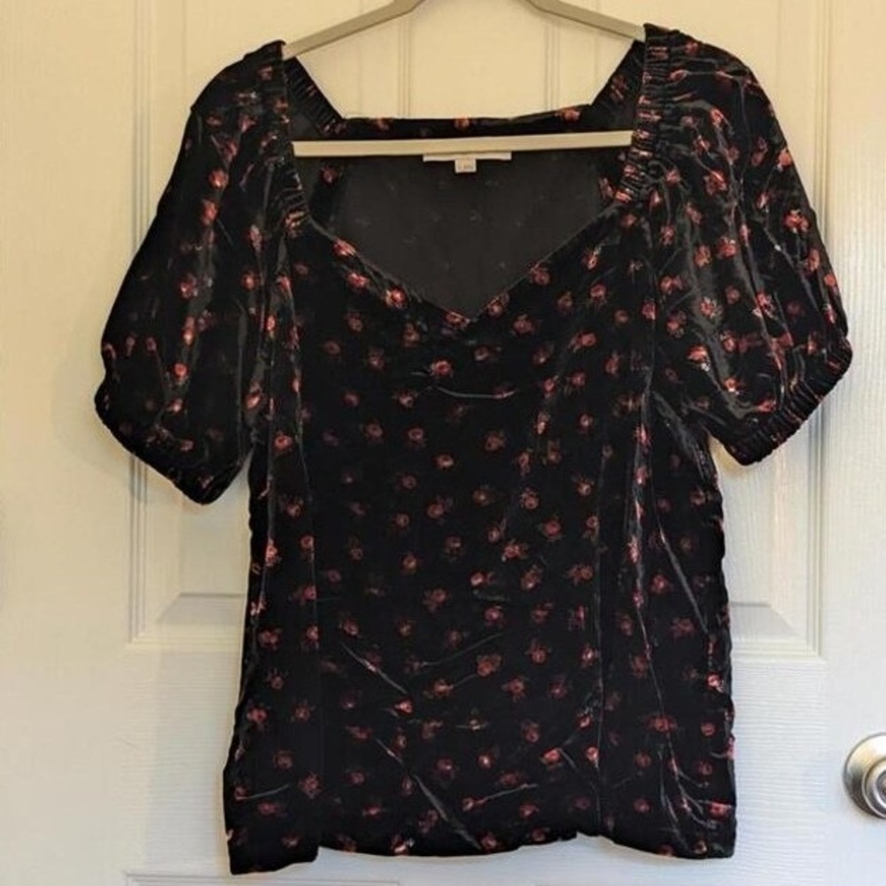 Loft Velvet Floral Puff Sleeve Sweetheart Neck Blouse Top Black Red Womens Sz L